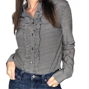 Equipment Femme Sz M Silk Micro Houndstooth Blouse Top Button Down Ruffle L/S